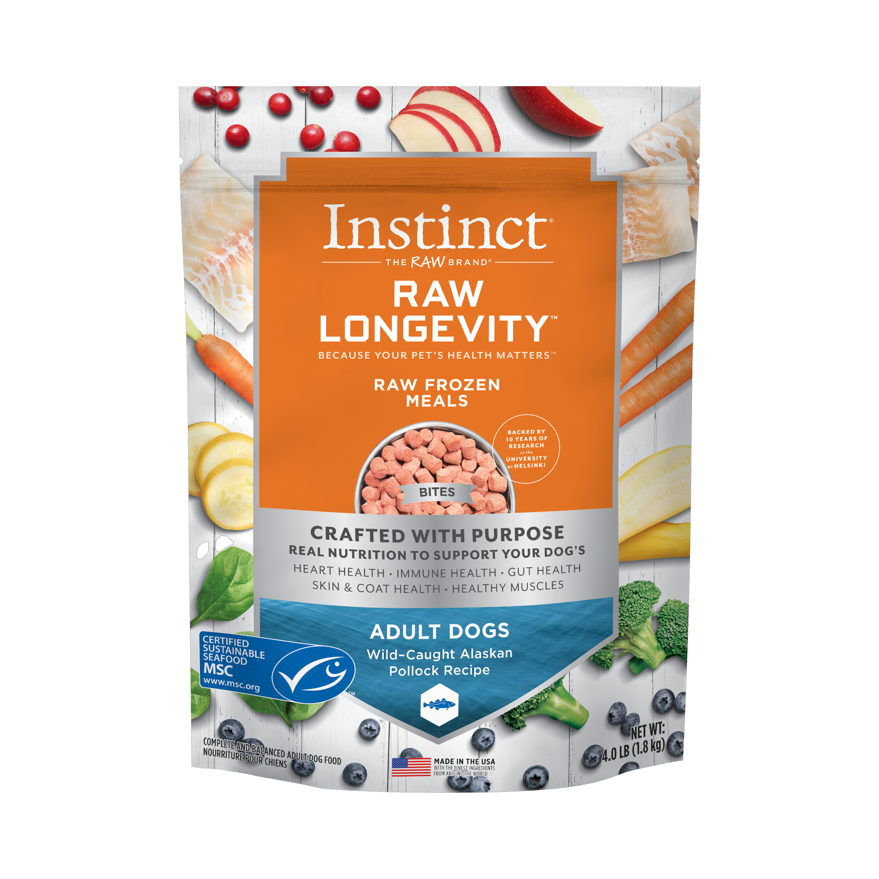 Instinct Dog Frozen Raw Longevity Meals Pollock Bites 4#