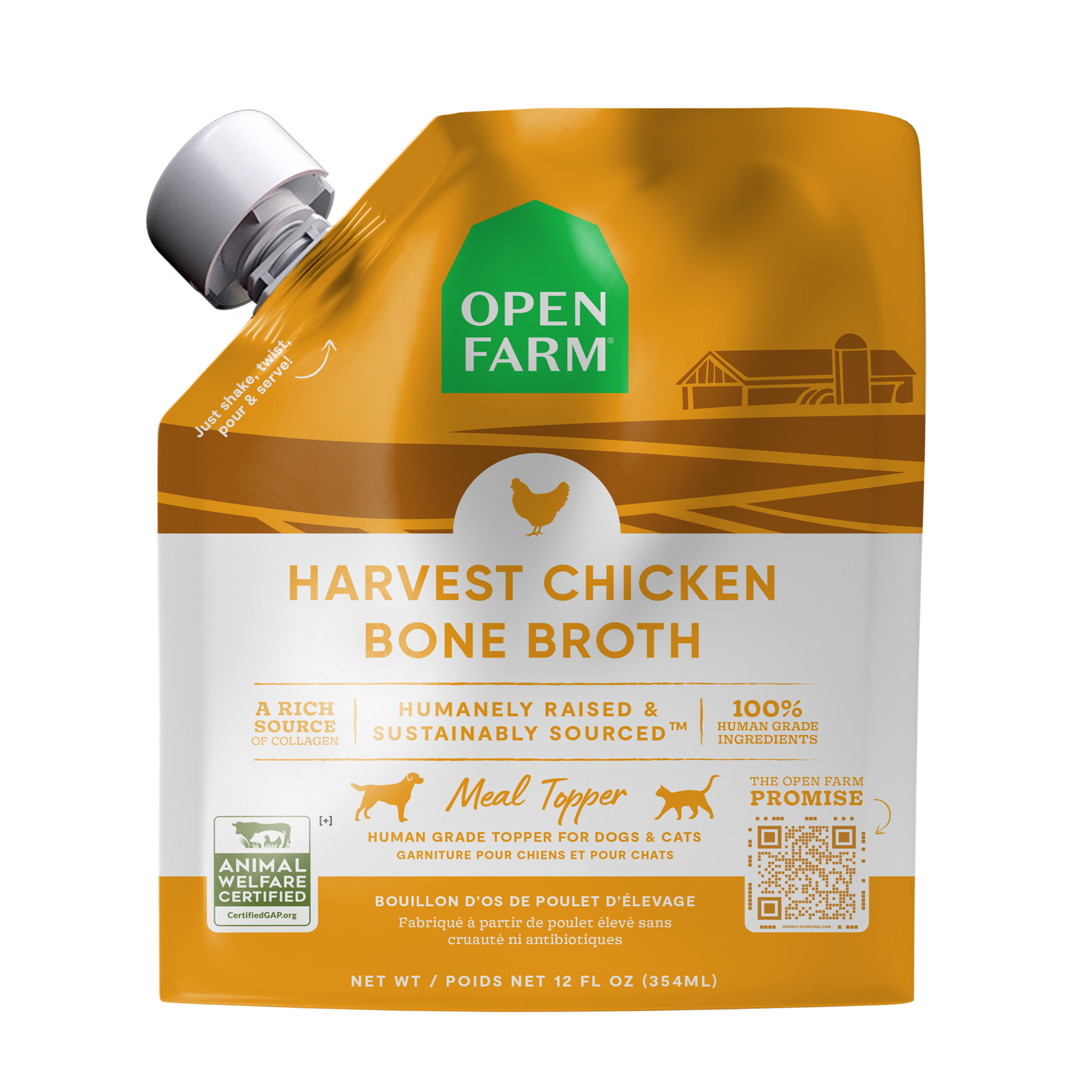 Open Farm Dog & Cat Meal Topper Harvest Chicken Bone Broth 12oz