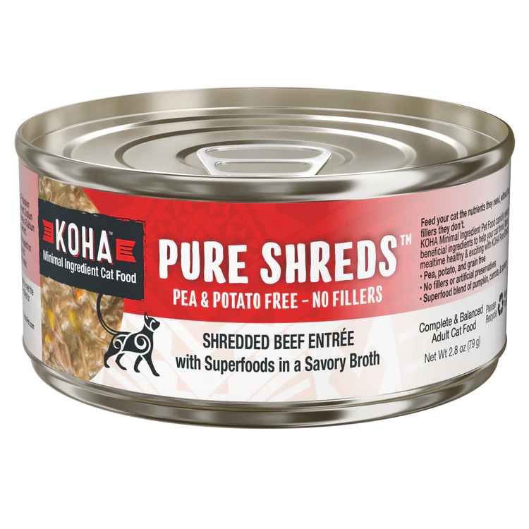 Koha Cat Food Pure Shreds Grain Free Shredded Beef in Broth Can 2.8oz