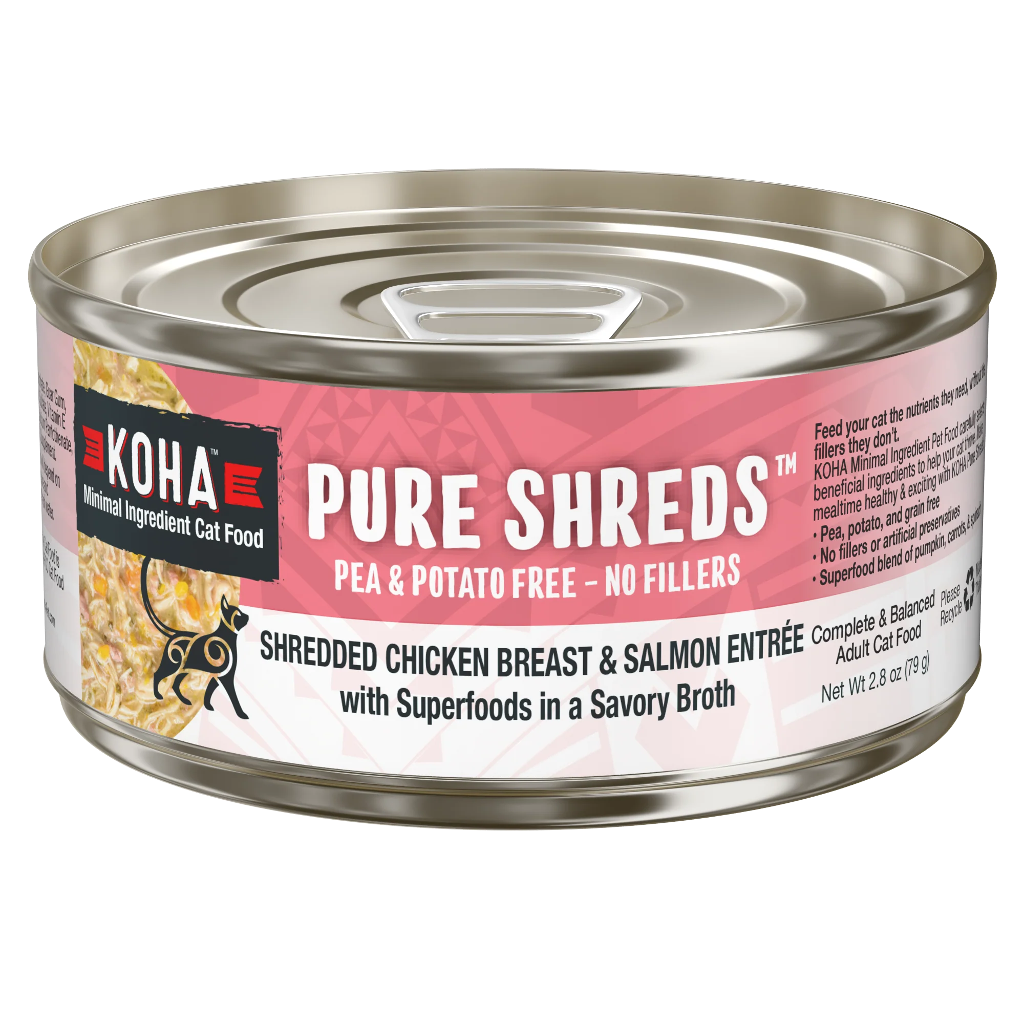 Koha Cat Pure Shreds Grain Free Shredded Chicken & Salmon in Broth Can 2.8oz