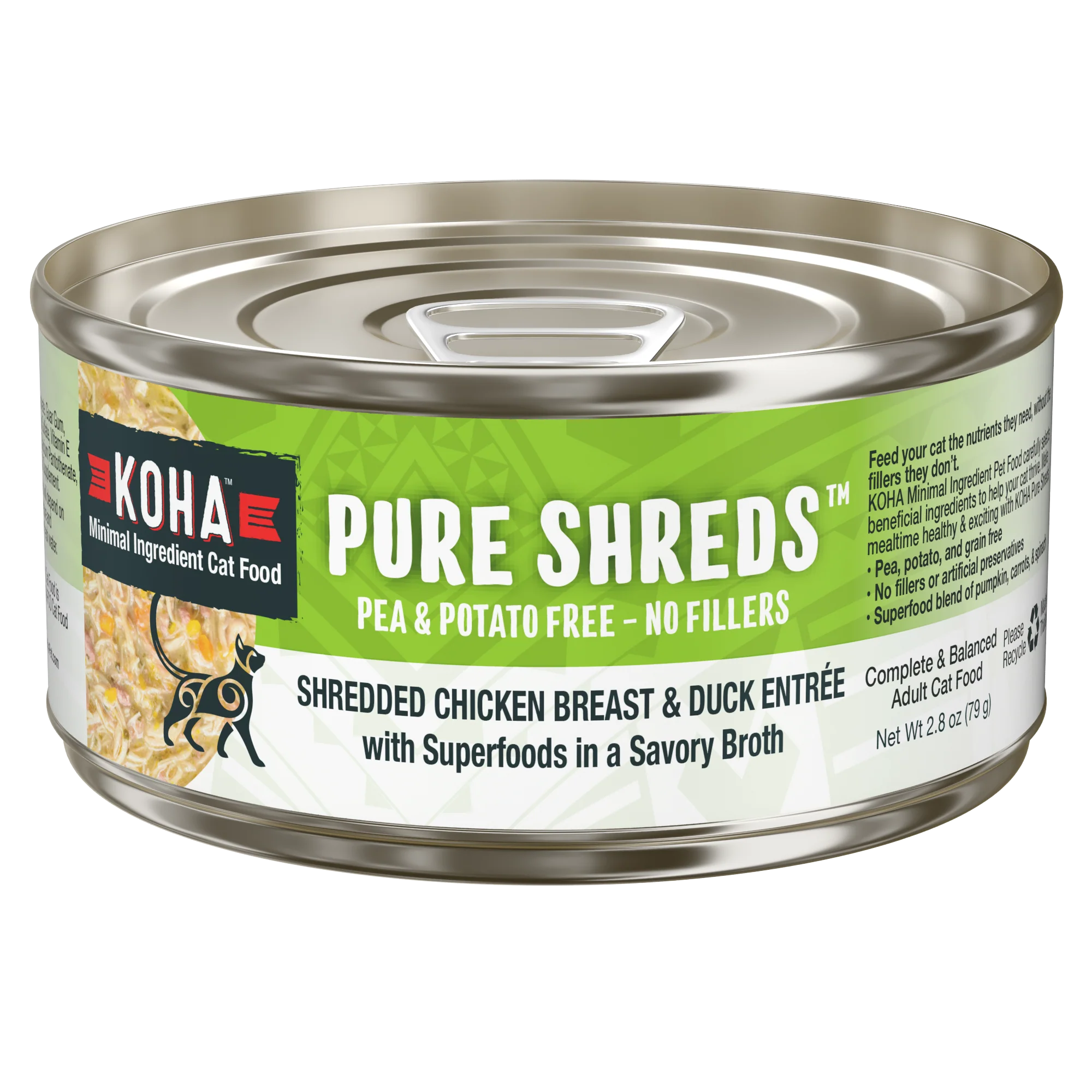 Koha Cat Pure Shreds Grain Free Shredded Chicken & Duck in Broth Can 2.8oz