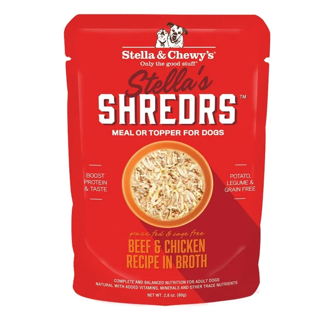 Stella & Chewys Shredrs Dog Meal Topper Chicken & Beef in Broth 2.8oz