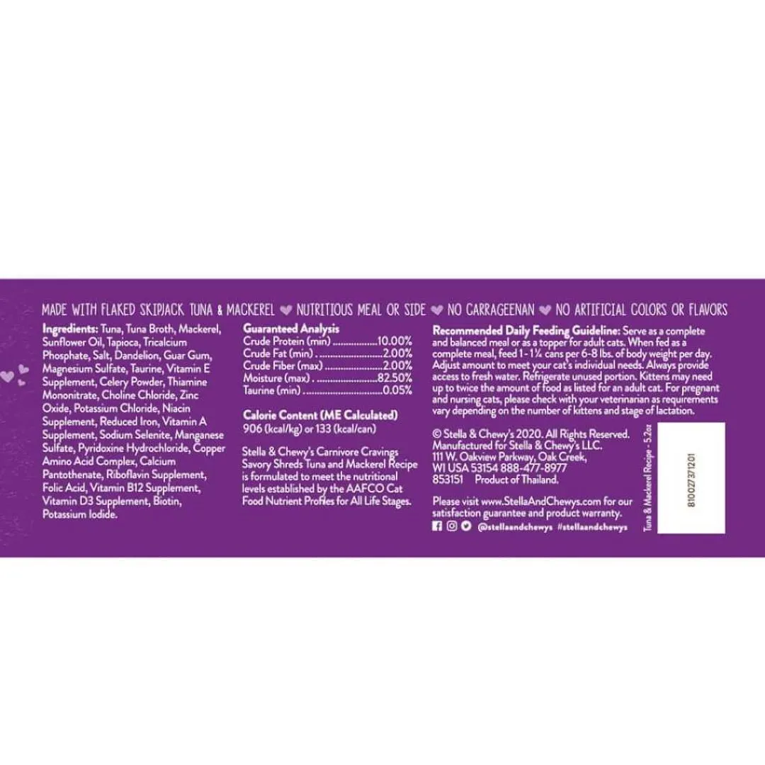 Stella & Chewy's Cat Carnivore Cravings Shreds Tuna & Mackerel 2.8oz Can
