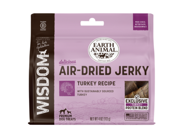 Earth Animal Dog Treats Wisdom Air Dried Jerky Turkey 4oz