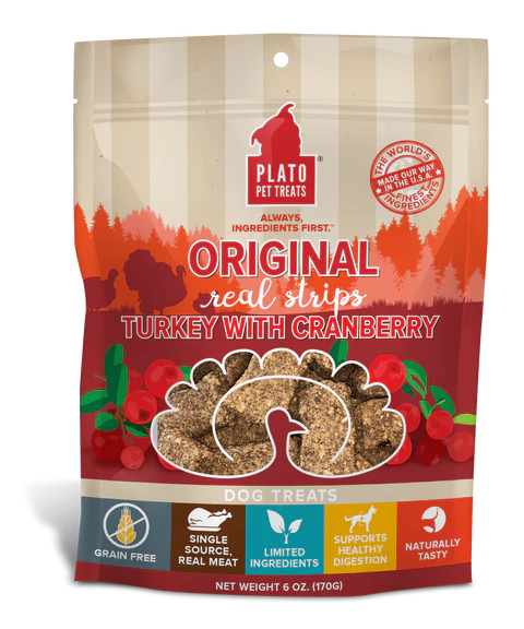 Plato Real Strips Dog Treats Turkey Cranberry 6oz