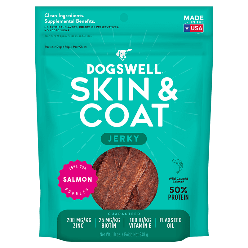 Dogswell Dog Treat Skin & Coat Grain Free Salmon Jerky 10oz