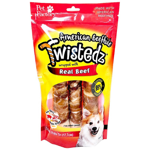 Pet Factory Twistedz Dog Chews Beef Rolls 7'' 3 Pack