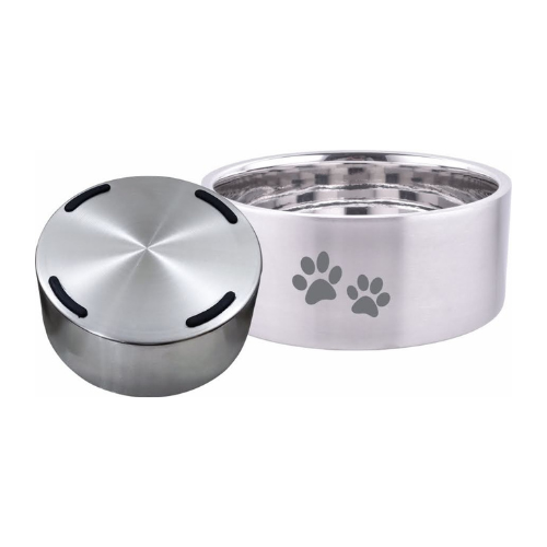 Indipets Double Wall Bowl Silver With Paw Prints 32oz