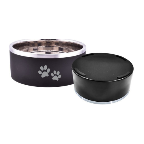 Indipets Double Wall Bowl Black With Paw Prints 64oz