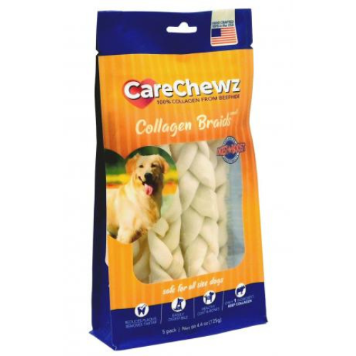 CareChewz Dog Chew 100% Collagen From Beefhide Natural Braids Small 5 Pack