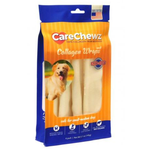 CareChewz Dog Chew 100% Collagen From Beefhide Natural Wraps Small 4 Pack