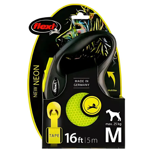 Flexi Cord Tape Dog Leash Reflective Retractable Medium 16' Neon Yellow