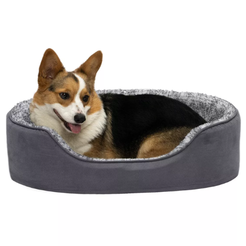 Furhaven Fur & Suede Oval Cuddler Stone Gray Large