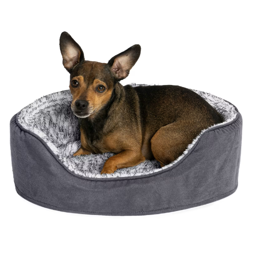 Furhaven Two Tone Faux Fur & Suede Oval Cuddler Pet Bed Gray Small 19" x 15"