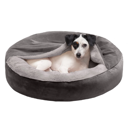Furhaven Velvet Wave Fur Hooded Donut Pet Bed Small Grey 24"