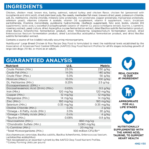 NutriSource Dog Large Breed Chicken & Rice 26#
