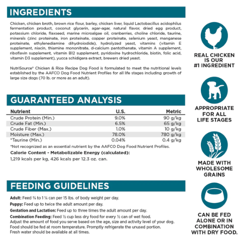 NutriSource Wet Dog Chicken & Rice 12.3oz Can