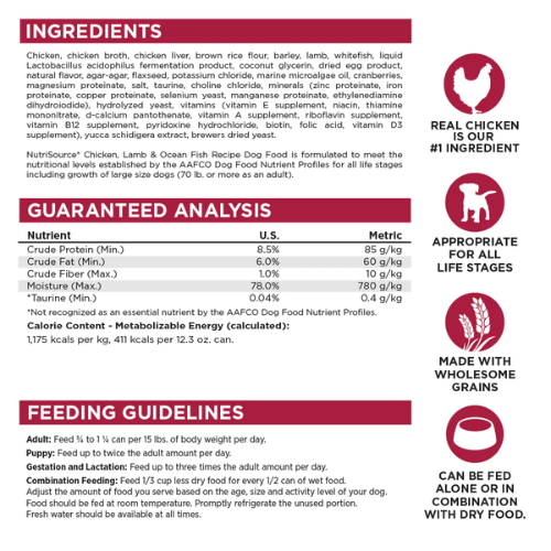 NutriSource Wet Dog Chicken Lamb Ocean Fish 12.3oz Can